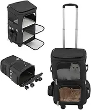 JAYGOVAN Cat Rolling Carrier for 2 Cats,Double-Compartment Pet Rolling Carrier with Wheels for 2 Pets Up to 23 LBS,Super Ventilated Design,Large Rolling Cat Carrier for Travelin,Hiking,Camping (Black)