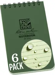 Weatherproof Top Spiral Notebook, 3" X 5", Green Cover, Universal Pattern, 6 Pac
