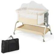 CostwayHeight Adjustable Travel Cot with Mattress for 0-6 Months-Beige