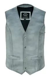 Mens Dirty Grey Soft Leather Waistcoat Vest Biker Motorcycle Snap Button