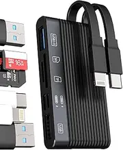 USB C Lightning SD Card Reader(6 in 1) Charging Cable Adapter for iPhone 16 15 14 USB 3.0 2.0 Dual Port Micro SD TF Flash Drive Memory Transfer Compatible with Samsung MacBook for IPad Camera Digital