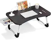 Laptop Bed Table, Portable Foldable Desk with Storage Drawer and Cup Holder, Lap Desk Laptop Stand Tray Table Floor Table Serving Tray for Eating, Reading and Working (Black)