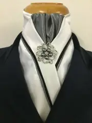 HHD Custom White Stock Tie Black & Grey Piping Grey Pearl Rhinestone Pin