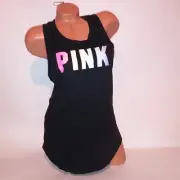 Victoria Secret PINK Tank Top Black Multi Logo Solid Open Cutout Back Sleeveless