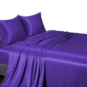 Silk Satin Sheet Set Flat Fitted Sheet And Pillowcase Double Queen King - Purple