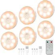 ALLTHWO Rechargeable Puck Lights with Remote,Motion Sensor Light Indoor,Dimmable 3 Color Temperatures Closet Lights,Wireless Stick on Lights for Under Cabinet/Counter Lighting,Kitchen,Hallway,6pcs
