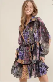 NWT Zara Womens Patchwork Floral Chiffon V-Neck Tie Waist The Amelie Dress Small
