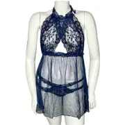 NWT Dreamgirl Women's Stretch Lace & Mesh Halter Babydoll 2pc Lingerie Set OS