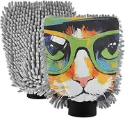 XYMZR Absorbent Microfiber Car Wash Mitt Cat Glasses Green, Funny Cute Anime Scratch Free for Cars Cleaning, Home Cleaning Mitts, 2 Pack, 10.24” L x 7.09” W