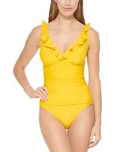 Dkny Ruffle Plunge Underwire Tummy Control One-Piece Swimsuit Yellow Size 18 $98