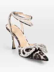 Leopard Print Double Bow Embellished Heels