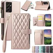[ELEPIK] for Samsung Galaxy S21 Ultra Case, Adjustable Crossbody Wallet Case with Card Holder, Kickstand, Wristlet for Women Men, Durable PU Leather Magnetic Phone Case for Galaxy S21 Ultra, Pink