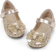[PANDANINJIA] Flower Girl Shoes Toddler Little Kid Ballet Flats Pearls Wedding Party Mary Jane Girls Dress Shoes, Gold Sequin, 8 Toddler