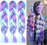 3 Packs Ombre Braiding Hair Colorful Pre Stretched Braiding Hair,24Inch Extensions High Temperature Synthetic Crochet Braiding Hair roe Men women(Purple/Light Purple/Blue/Light Cyan）