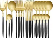 LYFJXX Gold Black Silverware Set, 24 pcs Golden Flatware for 6, Black and Gold Flatware, Stainless Steel Silverware Set,Kitchen Cutlery Sets, Include Knives/Forks/Spoons