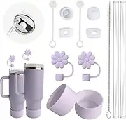 Stanley Cup Accessories Set Including 6Pcs Spill Proof Stoppers, 2Pcs Flower Straw Cover Caps for 9-10 mm Straws, 2Pcs Silicone Boots, 2Pcs Straws and 1Pcs Brush for Stanley 40oz (Orchid)