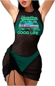 [WDIRARA] Women's 3 Pieces Swimsuit Bathing Suit Halter Bikini Set with Sheer Cover Up Dress