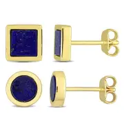 Amour Men's Yellow Plated Silver Square & Round Lapis Stud Earrings 2PC Set
