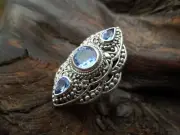 Artisan Sarda Bali Sterling Silver Blue Topaz Large 3 Stone Ring SRA 21246 New 6