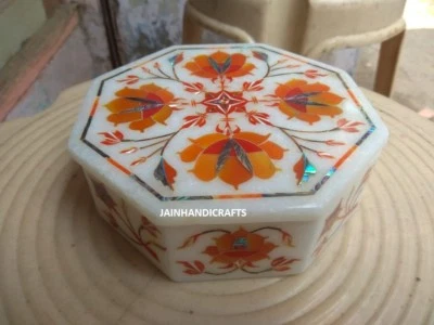 6" Inlay Stone Malachite Makrana white Marble Jewelry Storage Trinket Box