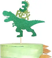 1 Pack Dinosaur 3rd Rex Happy Birthday Cake Topper Glitter Jurassic Park T-Rex Third Cake Pick Baby Shower 3rd Birthday Dinosaur Theme Party Cake Decorations Supplies Green