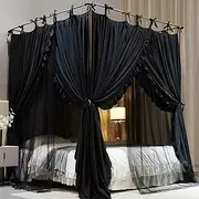 AIOOO 4 Corners Post Princess Curtain Bed Canopy Double Layer Cozy Mosquito Net Mesh and Cloth for Girls Adults Bedroom Decoration (Double-Black/Black, 64" W*82" L*82"*H/(Queen))