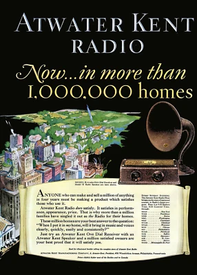 Atwater Kent Poster "Now In More Then One Million Homes" 13 x 18 Giclee Print