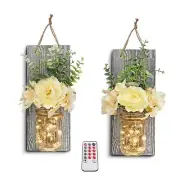 Rustic Wall Decor, Mason Jars Wall Sconces with Remote LED Lights and Flowers...