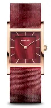 Bering Time - Ladies Classic Square Watch Pink w/ Red Dial & Mesh Band 26mm