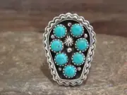 Native American Sterling Silver & Turquoise Cluster Ring by Lonjose - Size 7