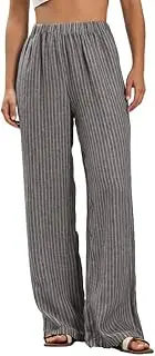[Amazhiyu] Women's 100% Linen Summer Casual Elastic Waist Stripes Wide Leg Pants, Black, Medium