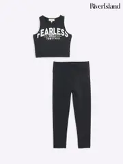 River Island Black Girls Active 100% Cotton Crop Top and Leggings Set (E90272) | $55