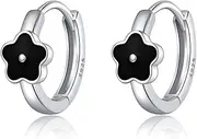 [SLUYNZ] Solid 925 Sterling Silver Black Flower Earrings Hoop for Women Teens Small Flower Hoop Earrings Huggie