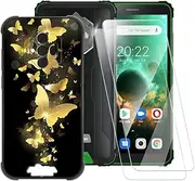 ESACMOT Golden Butterfly Pattern Case Compatible with Blackview BV6600 + [2 Pack] Screen Protector Tempered Glass, Shockproof Case Cover for Blackview BV6600 Pro (5.7 inch)