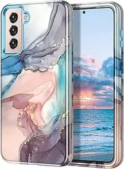 [Btscase] for Samsung S21 FE 5G 2022 Case, Marble Pattern 3 in 1 Heavy Duty Shockproof Full Body Rugged Hard PC+Soft Silicone Drop Protective Women Girl Cover for Samsung Galaxy S21 FE 5G, Blue Gray