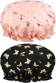 2 Packs Shower Cap Elastic Band Waterproof Bath Caps Double Layers Reusable With Ruffled Edge Covering Ears for Girls and Women