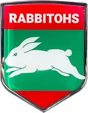 Fan Emblems Rabbitohs Car Decal • South Sydney Rabbitohs Clear Resin Coated Chrome Auto Sticker - Size: 97 x 76 x 2mm • Officially Licensed NRL Car Accessories