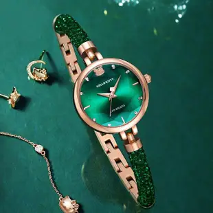 【HELLO KITTY】凱蒂貓 優雅翠綠玫瑰金鏈扣款手錶 鑽型玻璃鏡面 名媛氣質手錶(翠綠玫瑰金 Q2171 平輸品)