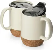Coffee Mugs Set of 2, Ceramic Mug with Cork Bottom and Splash Proof Lid, Large Coffee Mug with Handle for Coffee Tea Latte, Gifts for Parents