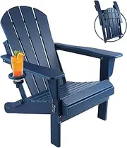 Magpie Fabrics Folding Adirondack Chair with Cup Holder, HDPE Weather Resistant Oversize Outdoor Chair, Widely Used in Patio, Fire Pit, Deck, Porch, Garden, Campfire (Navy Blue)