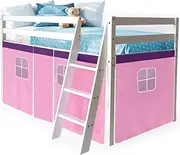 Kingston Slumber Wooden Kids Single Loft Bed Frame - Hiding Space Underneath with Interchangeable Pink and Blue Curtains