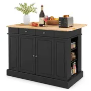 Costway Kitchen Island Table 2-Door Mobile Storage Cabinet w/Wood Countertop & Drawers Adjustable Shelves Trolley Black