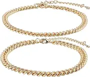 [Mikovivi] 2pcs Gold Ankle Bracelets for Women, Exquisite Stackable Chunky Cuban Link Anklets Minimalist Foot Accessories Trendy Jewelry Gifts for Woman, Medium, Copper, No Gemstone