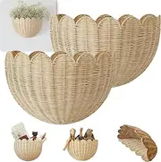 Scalloped Wall Basket – Wicker Hanging Basket for Home Decor, Hand-Woven Wall Storage for Bathroom, Bedroom, Front Door or Living Room,Khaki-2pcs