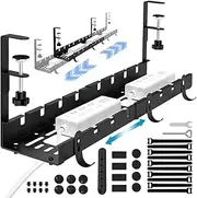 Retractable Under Desk Cable Management Tray – 12" to 21.6" No Drill Metal Wire Cord Organizer Basket with Complete Accessories | Desk Wire Management Solution for Office & Home