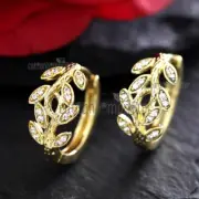 9K GOLD GF CRYSTAL GARLAND LEAF BAND TREE OF LIFE LADY SOLID HOOP EARRINGS GIFT