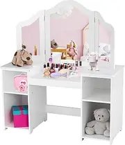 HONEY JOY Kids Vanity Table, 2 in 1 Princess Makeup Table with Tri-Folding Mirror and 4 Storage Shelves, Children Dressing Table for Kids and Toddlers, White