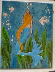 12"x 10" Mermaid Blowing Bubbles Art Ceramic Plaque Beach Bath Decor OOP
