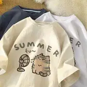 Short-Sleeve Cat Print Loose-Fit Tee Almond - M