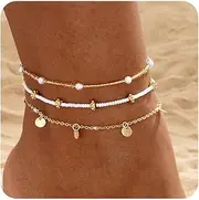 [MIDEEO] Ankle Bracelet Set for Women, Gold Boho Beads Adjustable Anklet, Hawaiian Beach Pearl Rice Beads Foot Jewelry Gifts